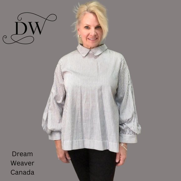 Striped Blouse with Collar and Puffy Sleeves | Black & White - Picture 1 of 6